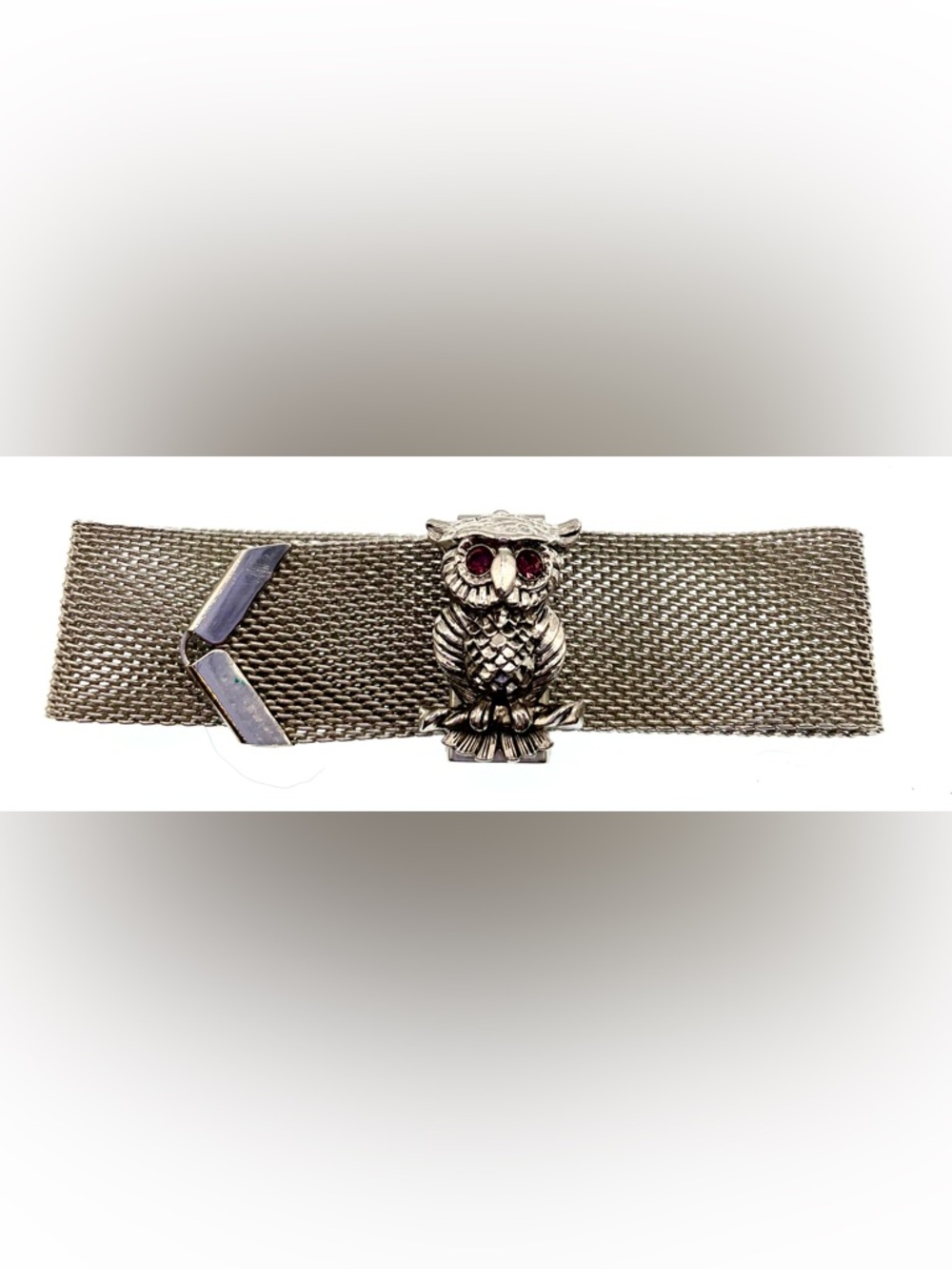 Vintage Sarah Coventry Nocturne Owl Mesh Bracelet 1972 Silver Tone Adjustable